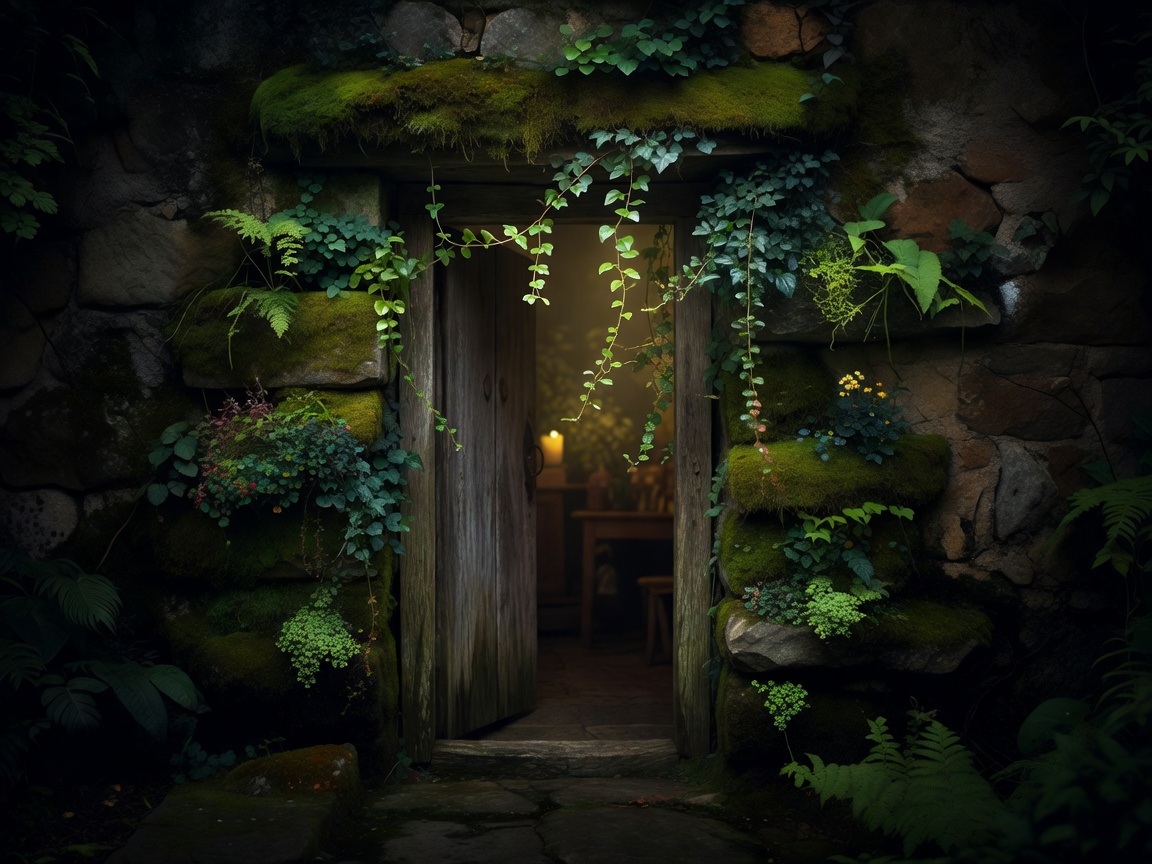 Deep-shadow view of a welcoming doorway adorned with natural greenery