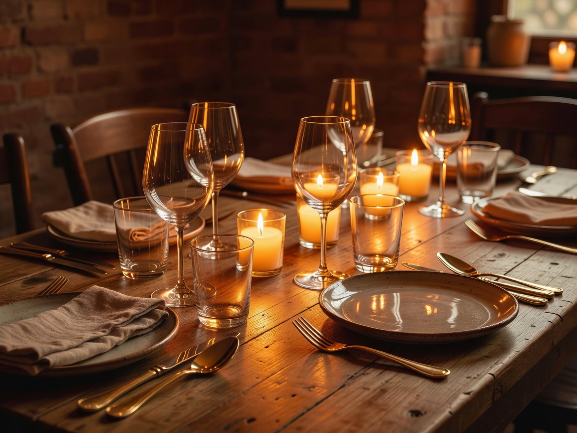 Detailed close-up of a warmly lit dining setting with amber reflections