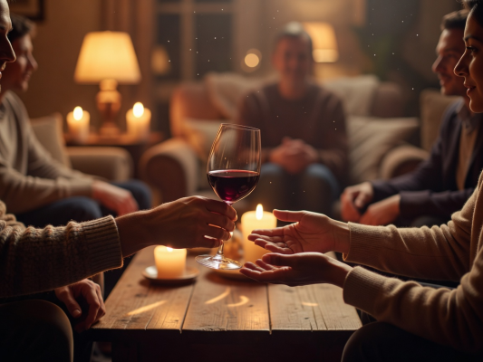 Hands exchanging a glass of wine in a warmly lit, intimate gathering