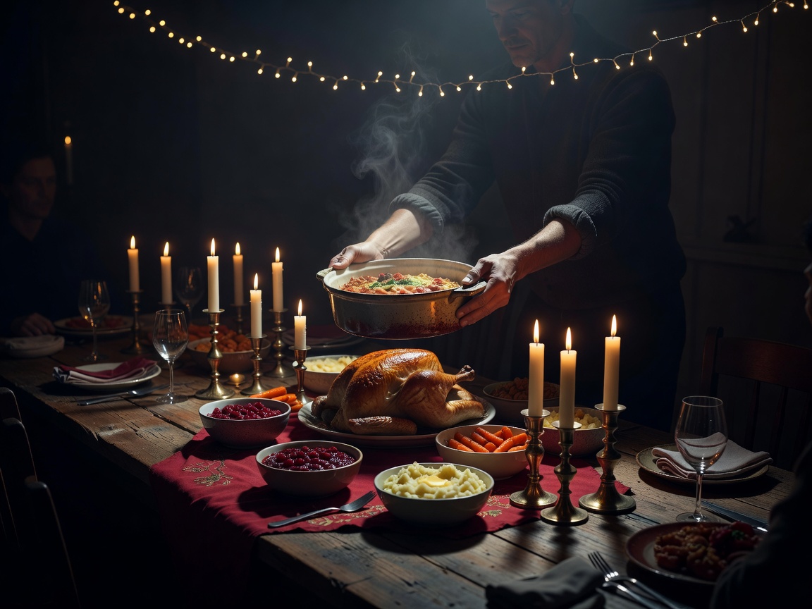 Host placing a warm dish on a deeply shadowed festive table